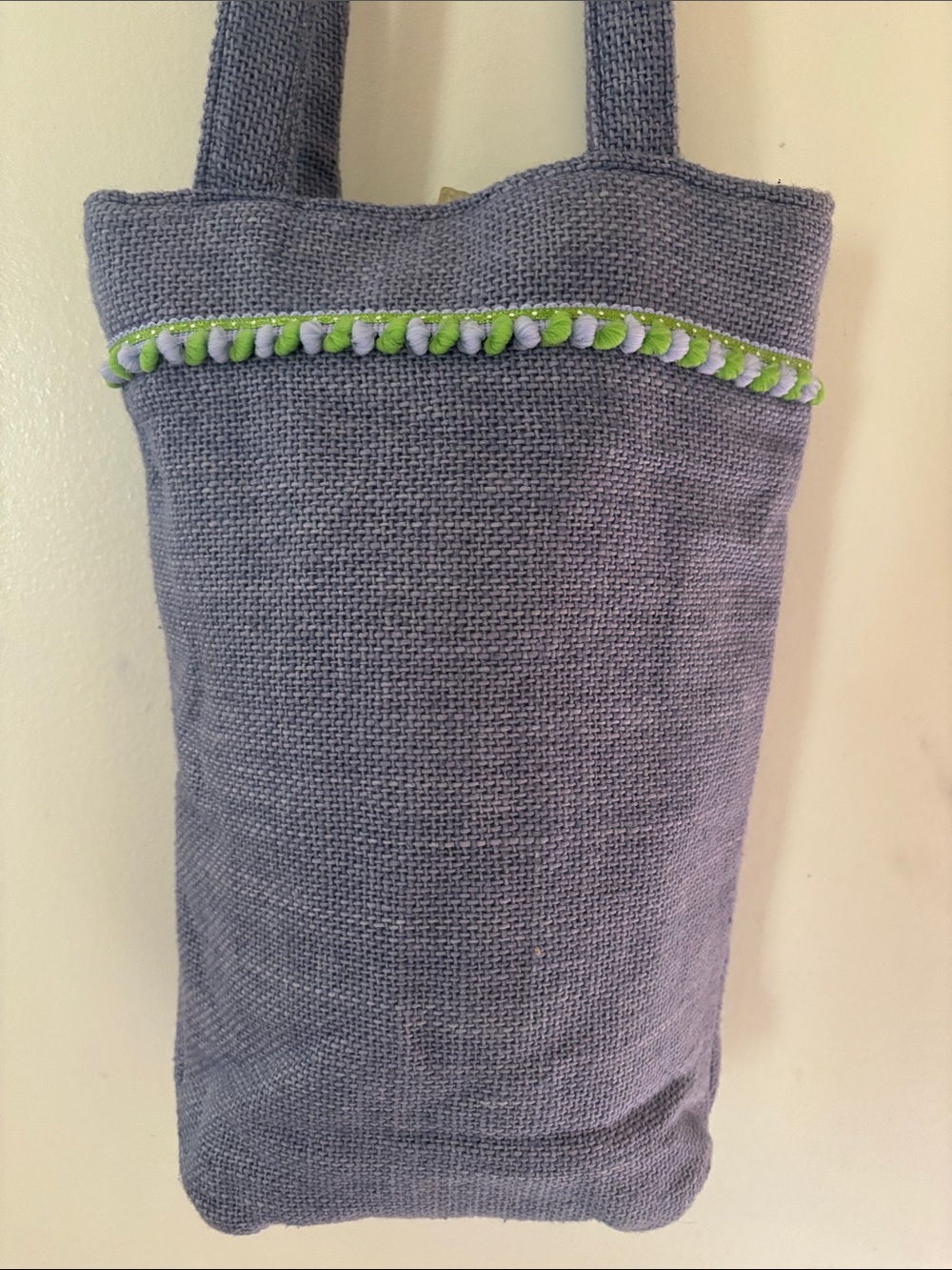 Blue Woven Tote with Lime Green Pom Trim